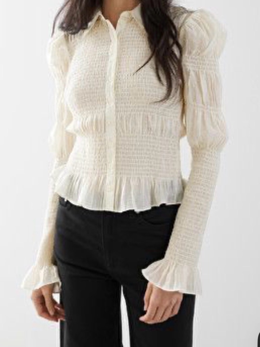 Ivory Smocked Button-Front Women's Top shirt blouse unique puff sleeve